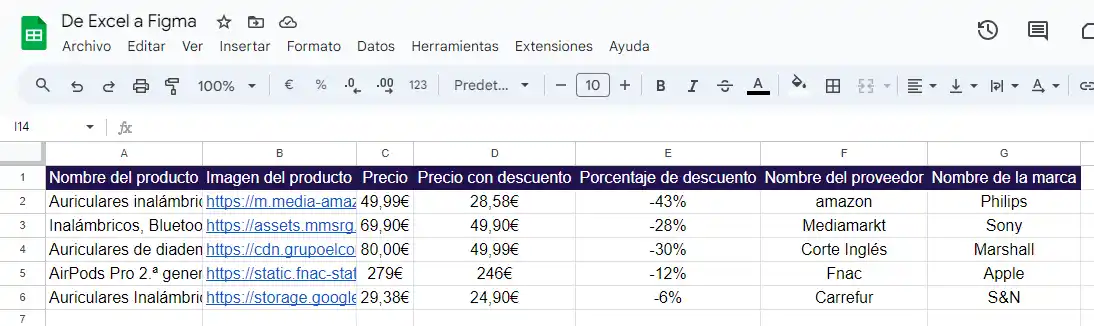 Importar imágenes y datos a Figma desde Excel archivo excel con datos de figma