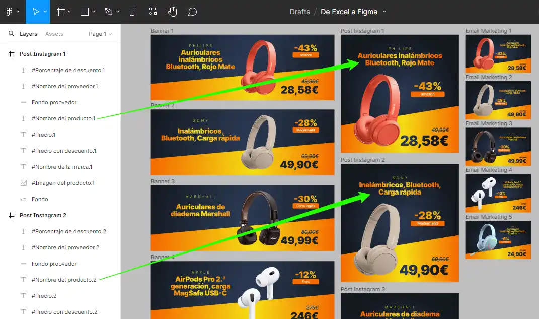 Importar imágenes y datos a Figma desde Excel diseño terminado figma