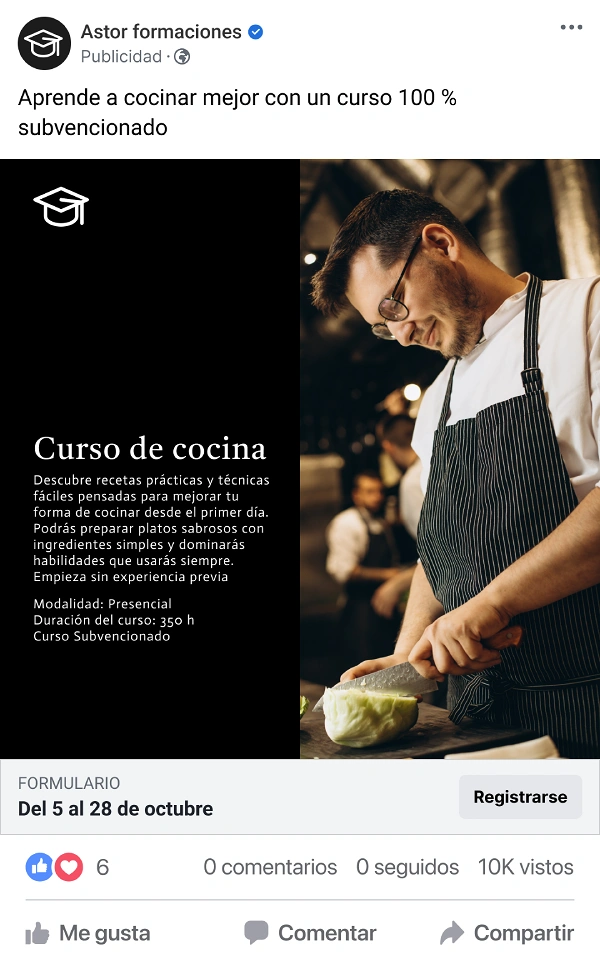 ejemplo de anuncio en meta ads que reutiliza el mismo avatar en un curso de cocina, usado para explicar cómo la repetición de creatividades afecta al rendimiento en meta andromeda