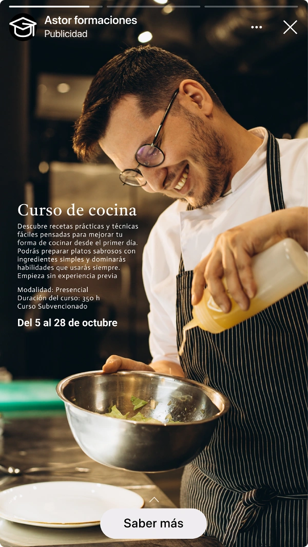 anuncio en formato story usando el mismo avatar de un chef para promocionar un curso de cocina, ejemplo del impacto de la repetición creativa en meta andromeda