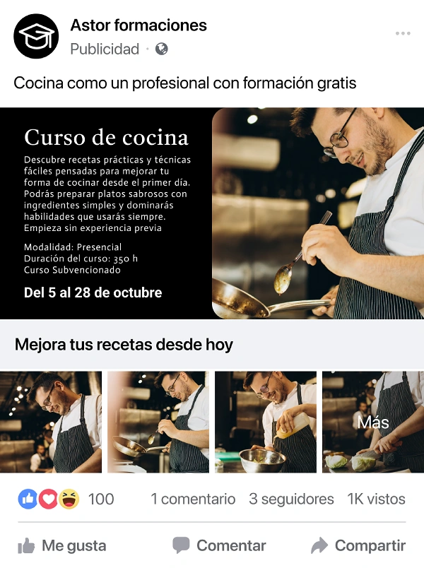 anuncio en formato carrusel usando repetidamente el mismo avatar de un chef para promocionar un curso de cocina, ejemplo del impacto de la repetición creativa en meta andromeda