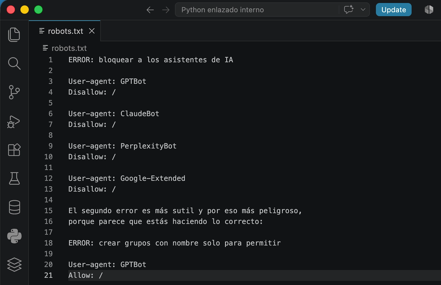 error al bloquear ia en robots